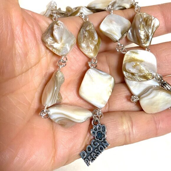 Irregular Mother of Pearl Shell Beads + Dog Person Paw Print Pendant Necklace - Picture 12 of 12